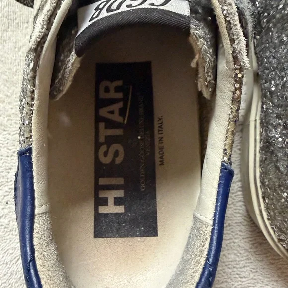 Golden Goose Hi Star Sneakers with Glitter and Blue Accents